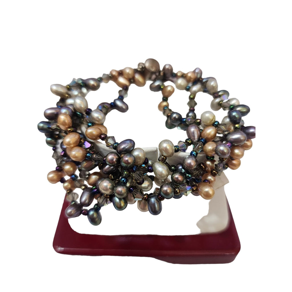 Vintage Real Dyed Rice Pearl, Crystal, Sterling Necklace & Bracelet Set (A3591)