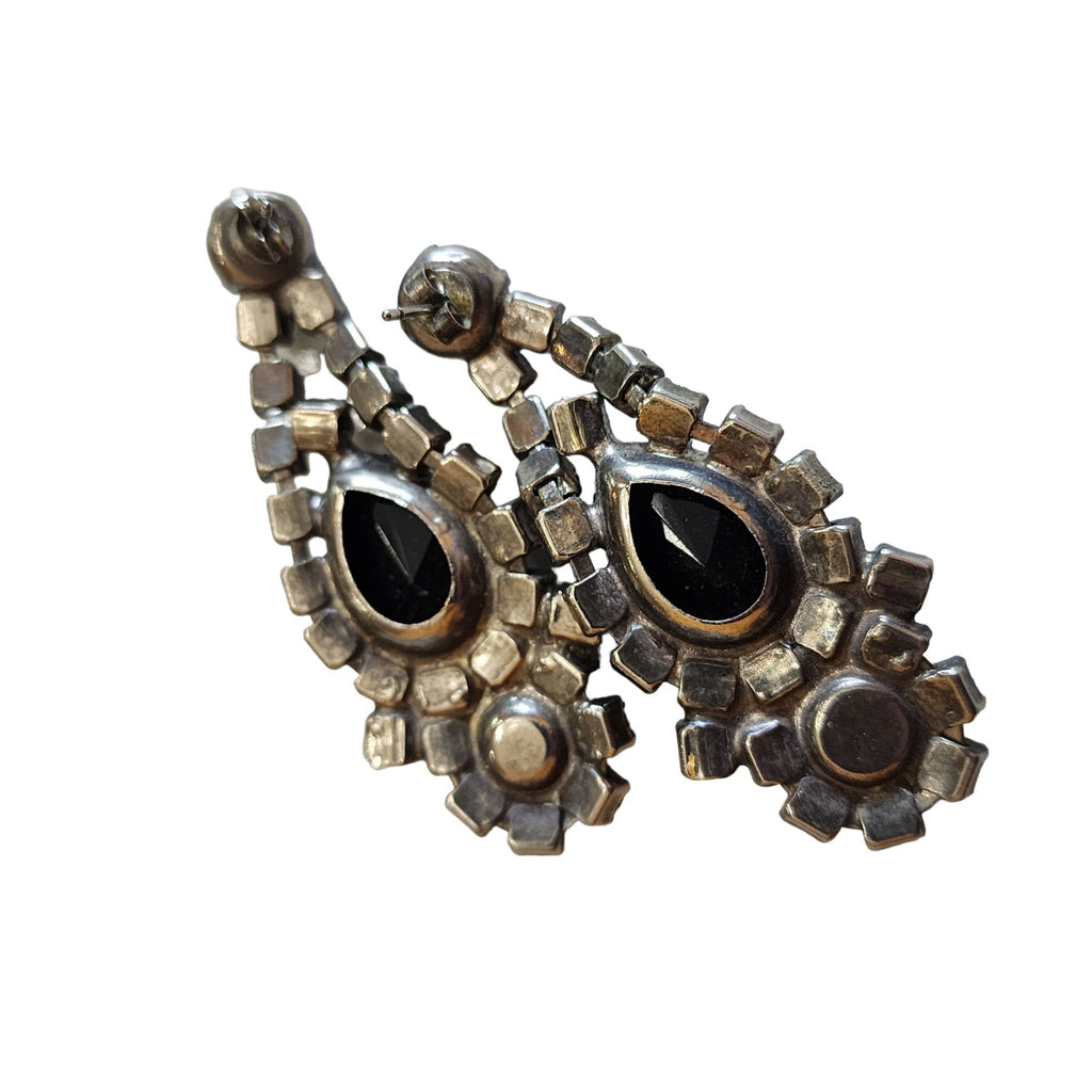 Vintage Black Clear Rhinestone Chandelier Pierced Earrings (A2024)