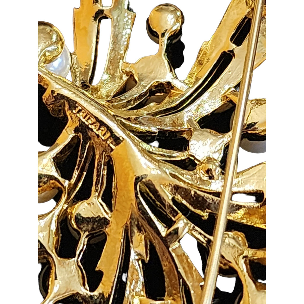Vintage 60s Trifari Signed Goldtone & Faux Pearl Brooch (A2274)