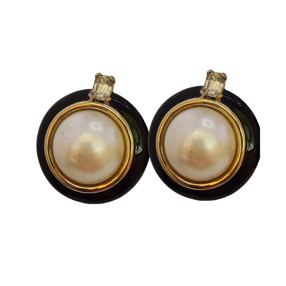 Vintage Valentino Enamel & Pearl Large Clip On Earrings (A3666)