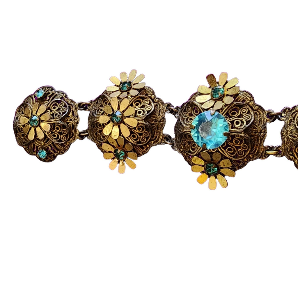 Vintage Spectacular Czech Style Elaborate Brass Acrylic & Glass Bracelet (A1918)