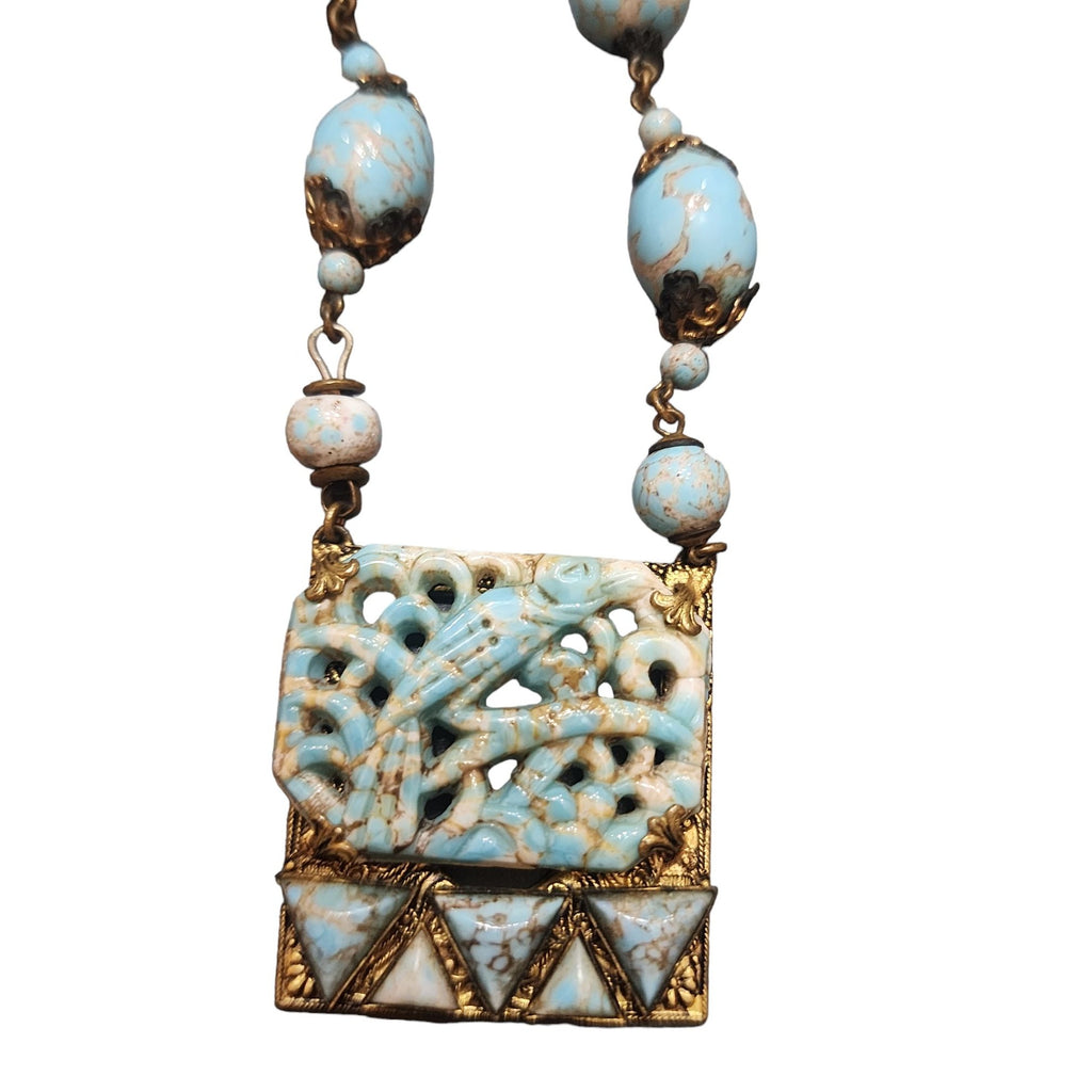 Vintage Signed Czechoslovakia Unique Hubble Glass Bird Pendant Necklace (A3706)