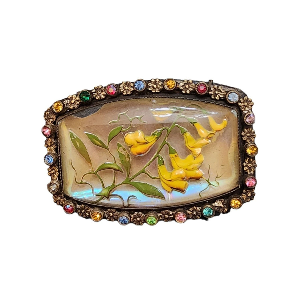 Antique Rare Celluloid Lily of the Valley Rhinestone Brooch (A1923)