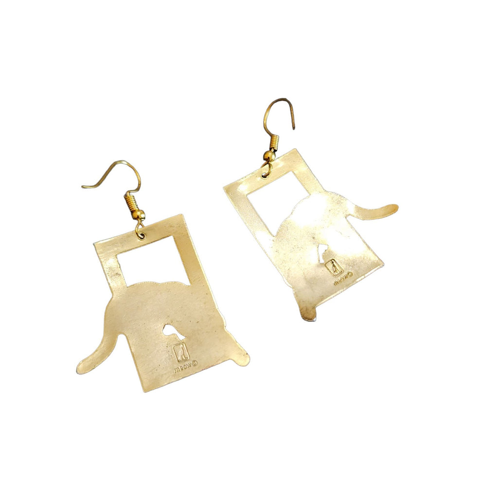 Vintage Signed Meow Cat Enamel Hook Earrings (A2083)