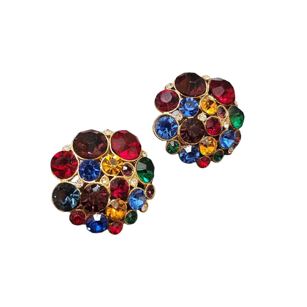 Vintage 80s Glass Jeweled Rhinestone Clip Earrings (A2340)