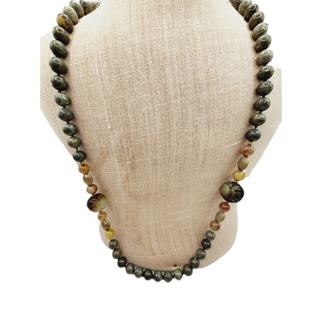 Vintage Hand Knotted Agate Jasper Carnelian Semi Precious Necklace (A672)