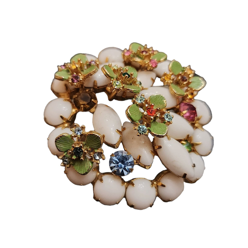 Vintage Milk Glass Rhinestone Enamel Brooch (A2361)
