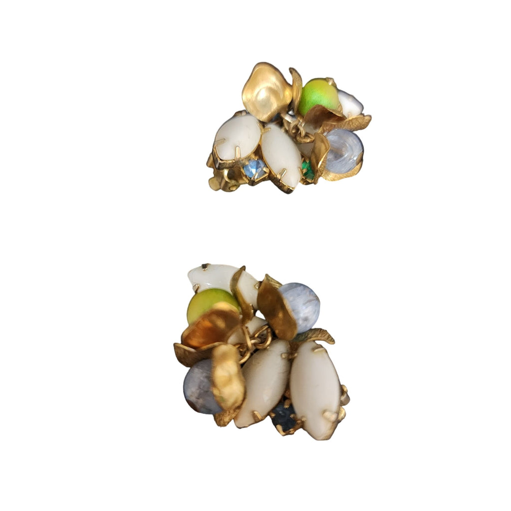 Vintage Unsigned Milk Glass Rhinestone & Beaded Flower Brooch Set (A3953)