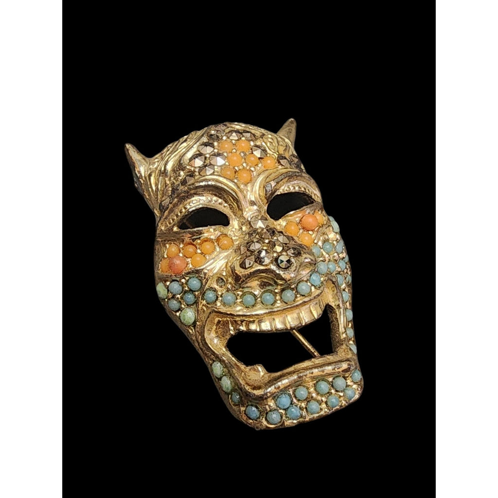 Fabulous Vintage Unsigned Blingy Mask Face Brooch (A4720)