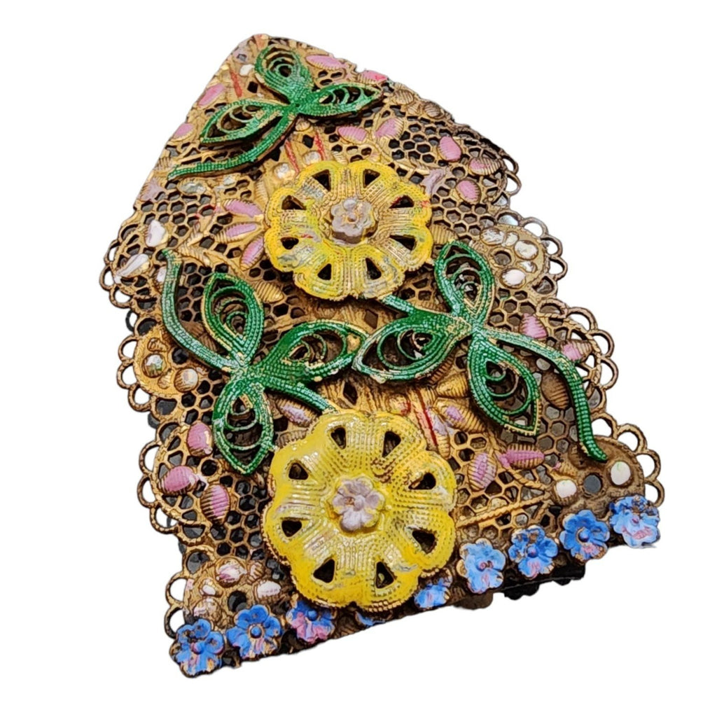 Vintage Spectacular Enameled Brass Filigree Dress Clip (A1971)