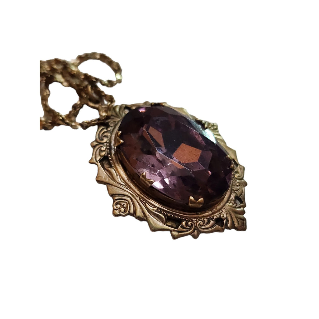 Vintage Faceted Glass Locket Pendant Necklace (A4071)