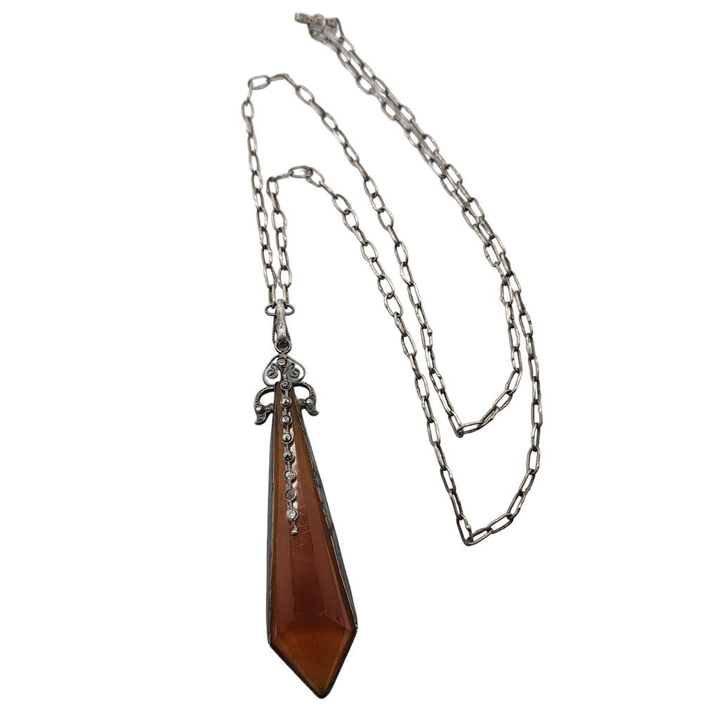 Antique Art Deco Prizm Glass & Marcasite Pendant Necklace (A4275)