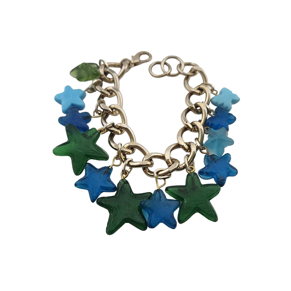 Vintage All Molded Glass Star & Butterfly Charm Bracelet (A3366)