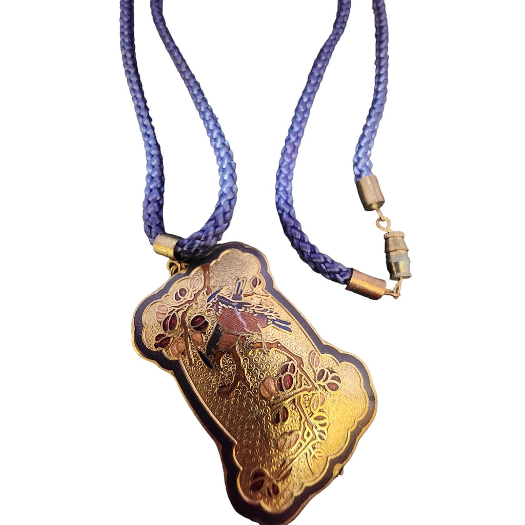 Vintage Chinese Export Enamel Bird Pendant on Rope Necklace (A4030)