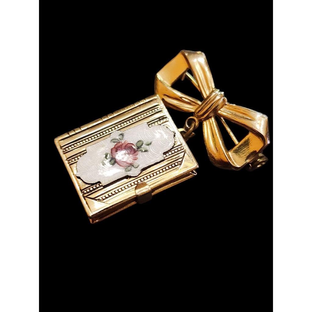 Vintage Unsigned Bow Brooch w/ Dangling Enamel Picture Locket Book (A4448)