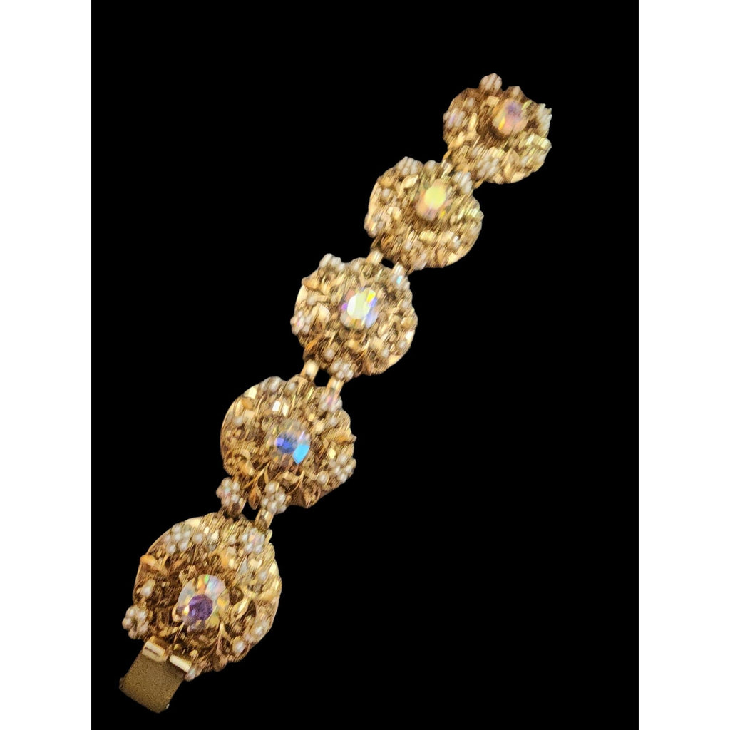 Elaborate Vintage Pearl and Rhinestone Filigree Bracelet (A4880)