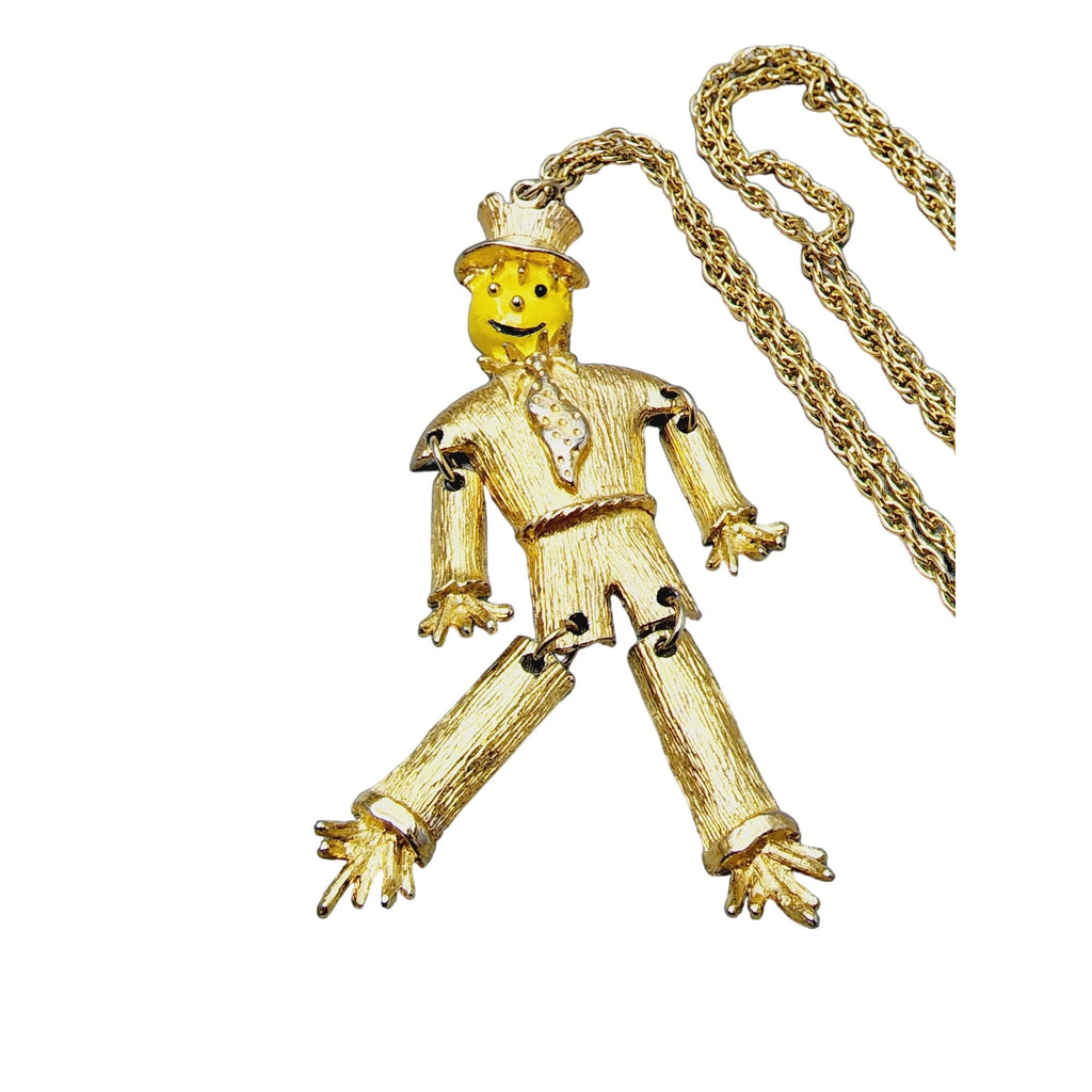 Super Cute Vintage Enameled Face Articulating Scarecrow Pendant Necklace (A1470)