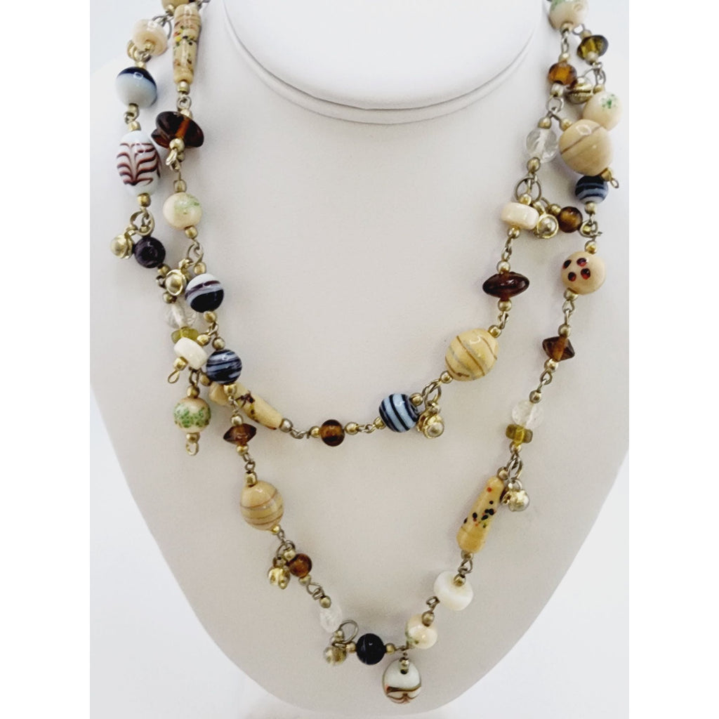 Vintage Unique Swirled Glass Stones & Metal Bell Beaded Necklace (A3438)