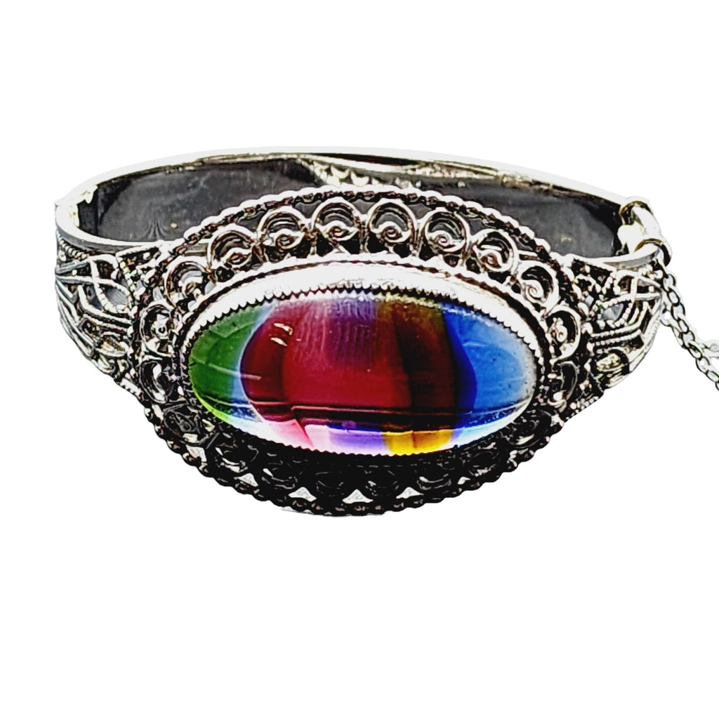 Vintage Signed Whiting & Davis Rainbow Glass Hinged Bangle Bracelet (A2270)