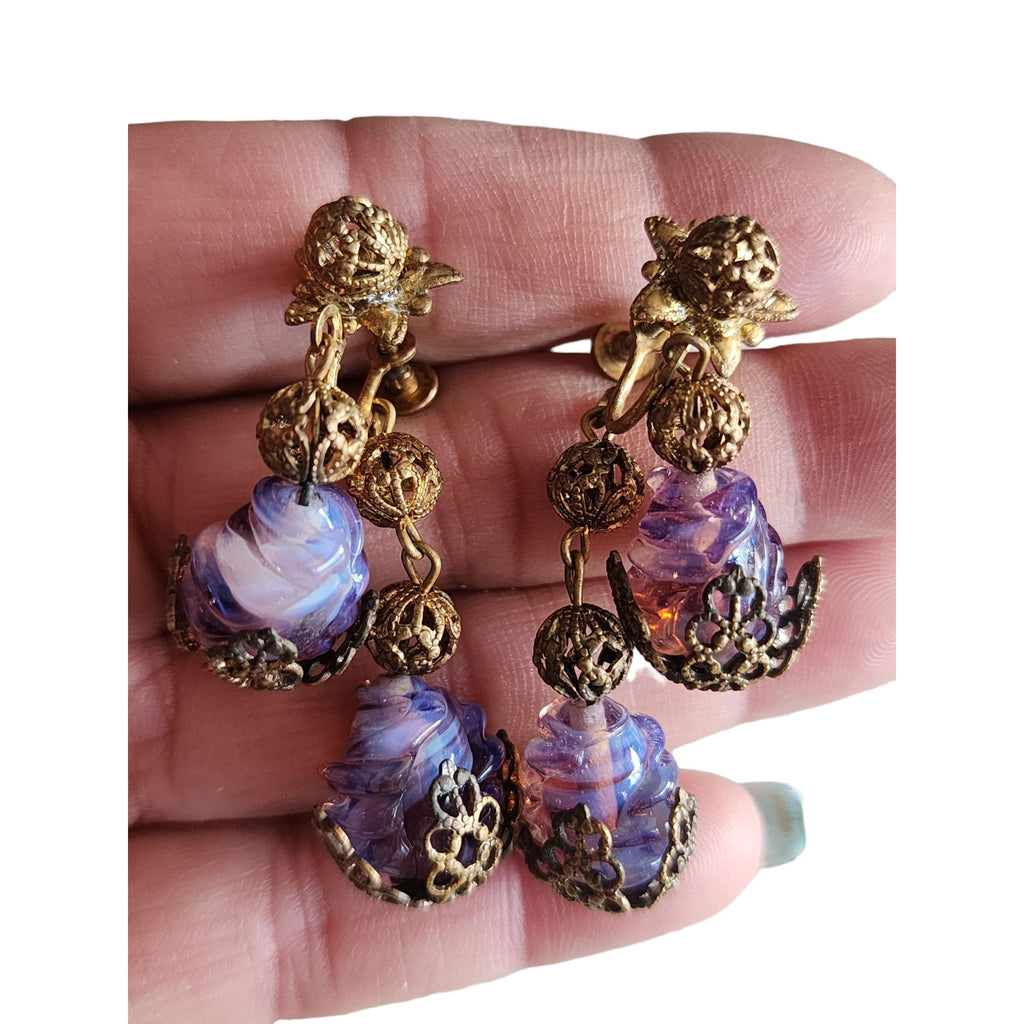 Antique Double Fab Molded Glass Screw Back Earrings (A4266)