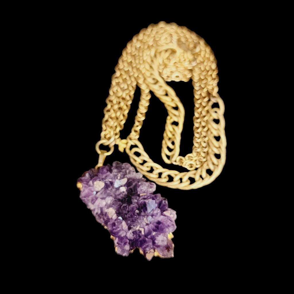Vintage Amethyst Druzy Necklace Signed with Bee Charm (A4063)