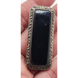 925 Sterling Silver Onyx Marcasite Brooch Pin (A5078)