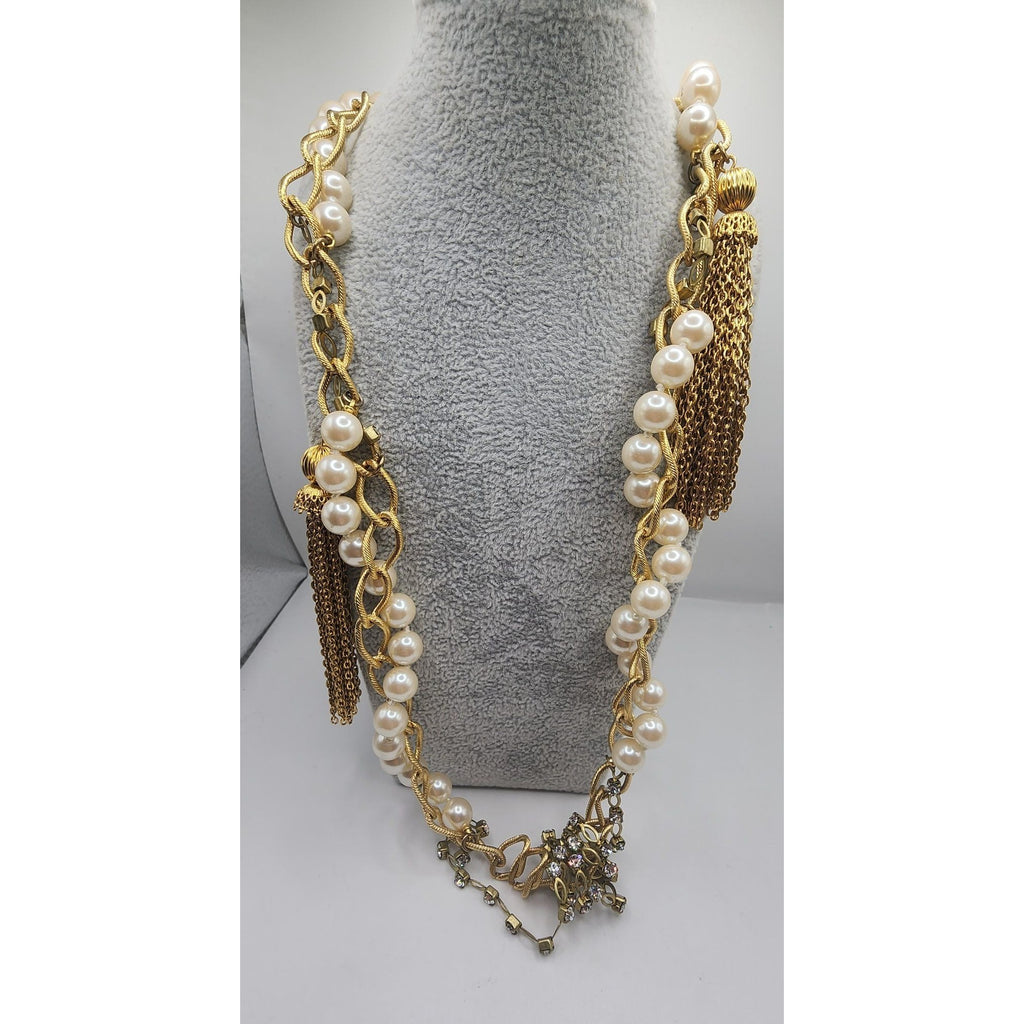 Vintage Faux Pearl Rhinestone & Tassel Chain Necklace (A5075)