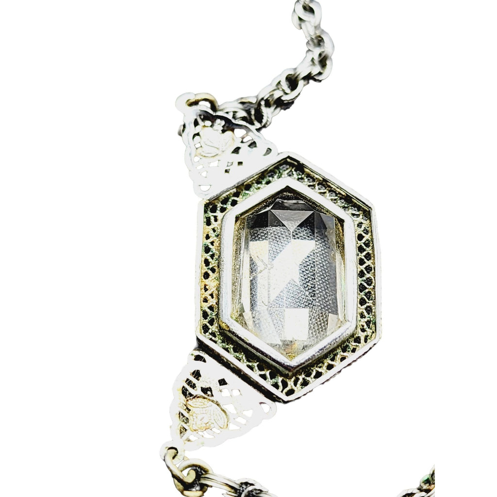 Beautiful Antique Art Deco Rhodium Plated Glass Necklace (A2273)