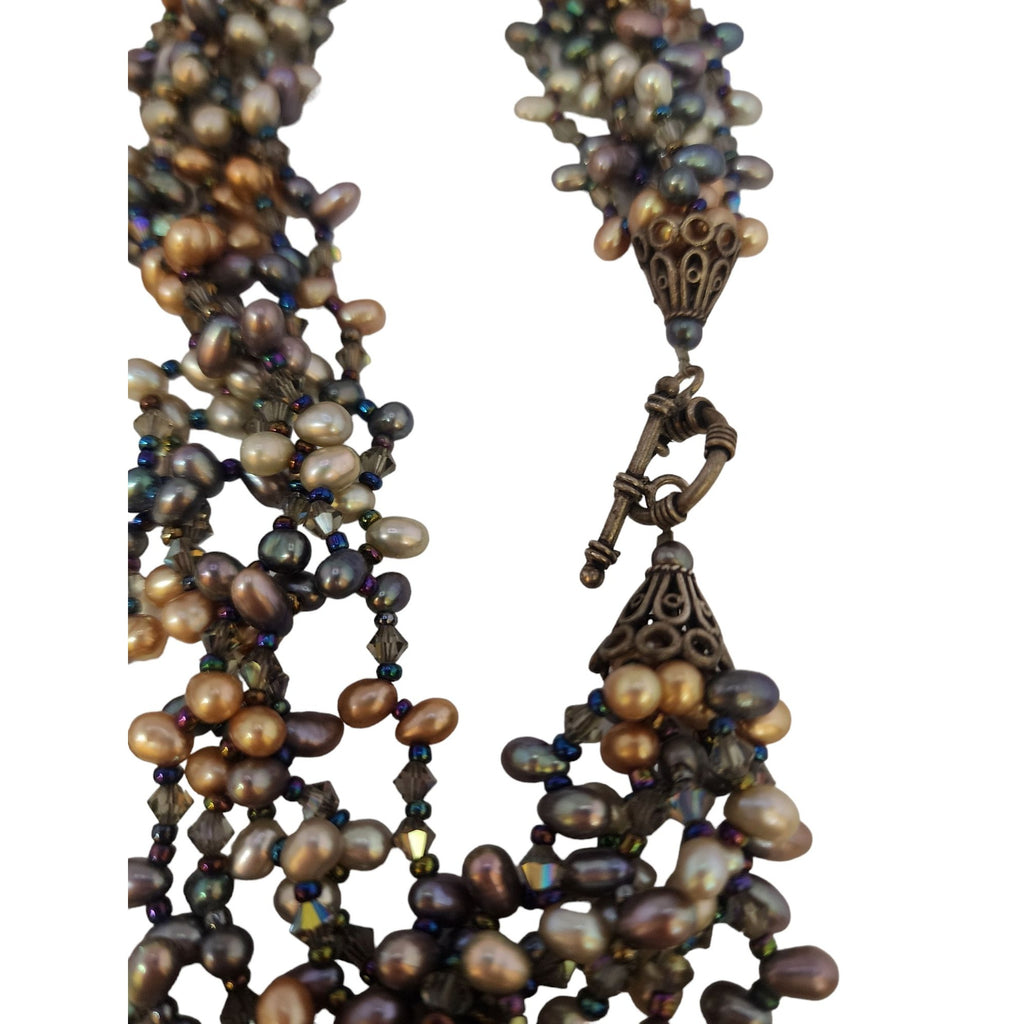 Vintage Real Dyed Rice Pearl, Crystal, Sterling Necklace & Bracelet Set (A3591)