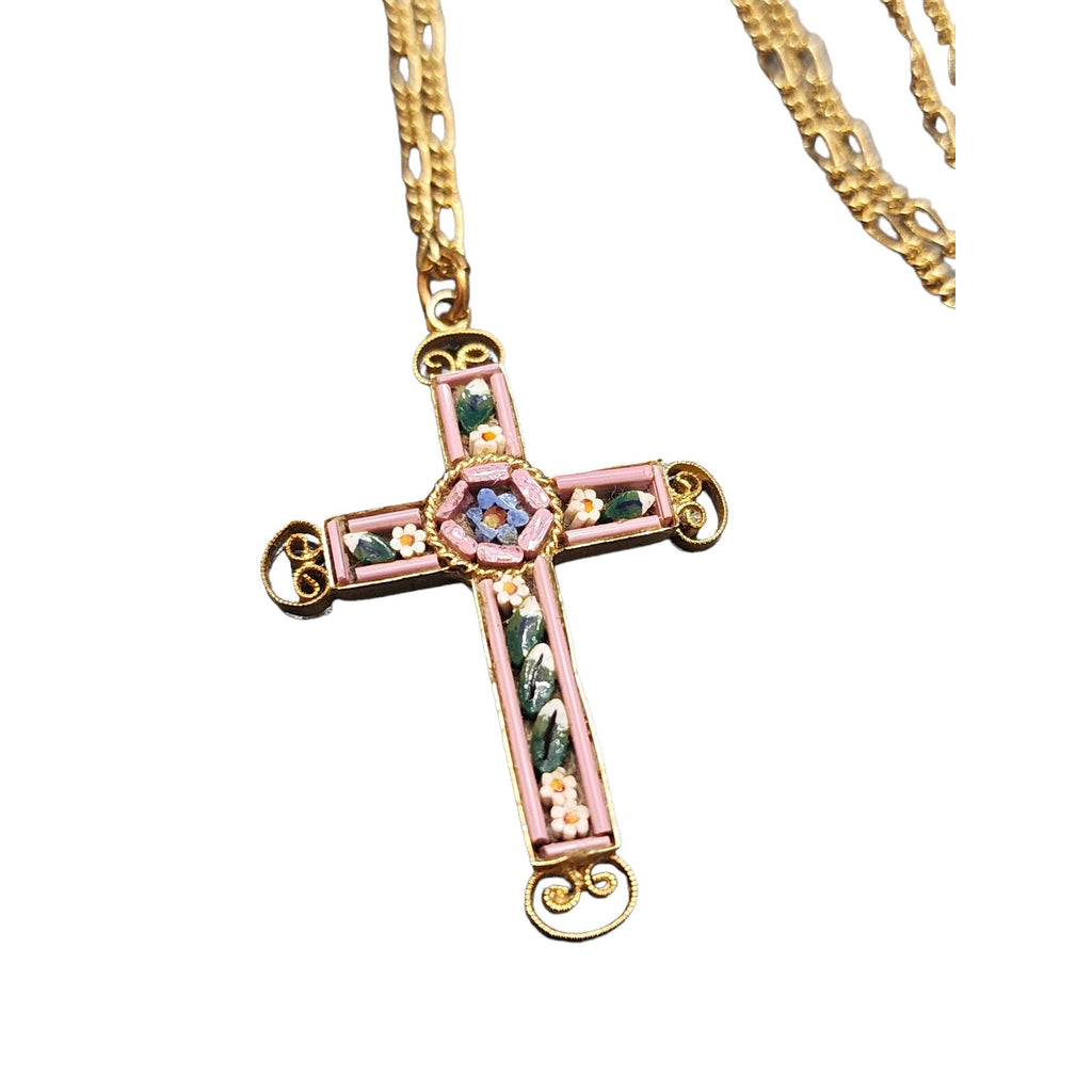 Vintage Mosaic Signed Italy Cross Pendant Necklace (A2346)