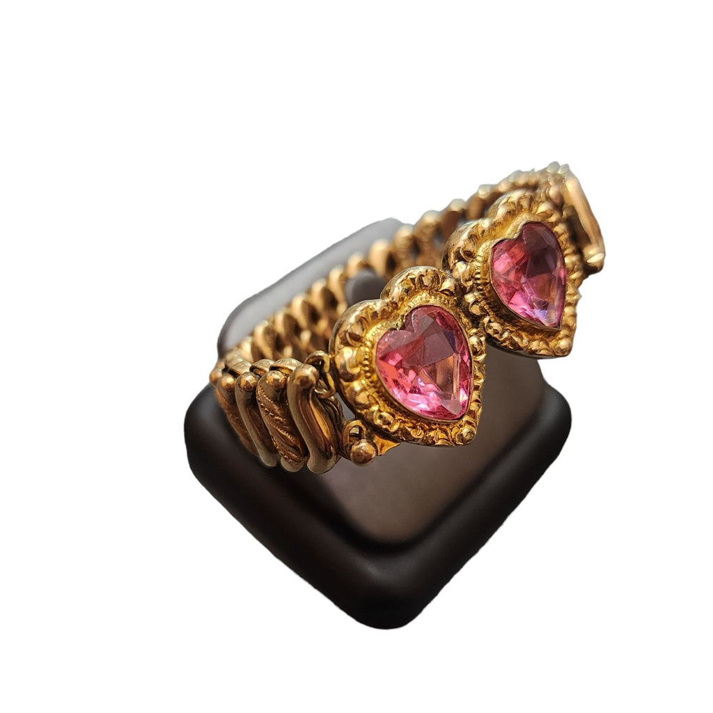 Vintage Rare DFB & Co Carmen Double Heart Pink Glass Expansion Bracelet (A4054)