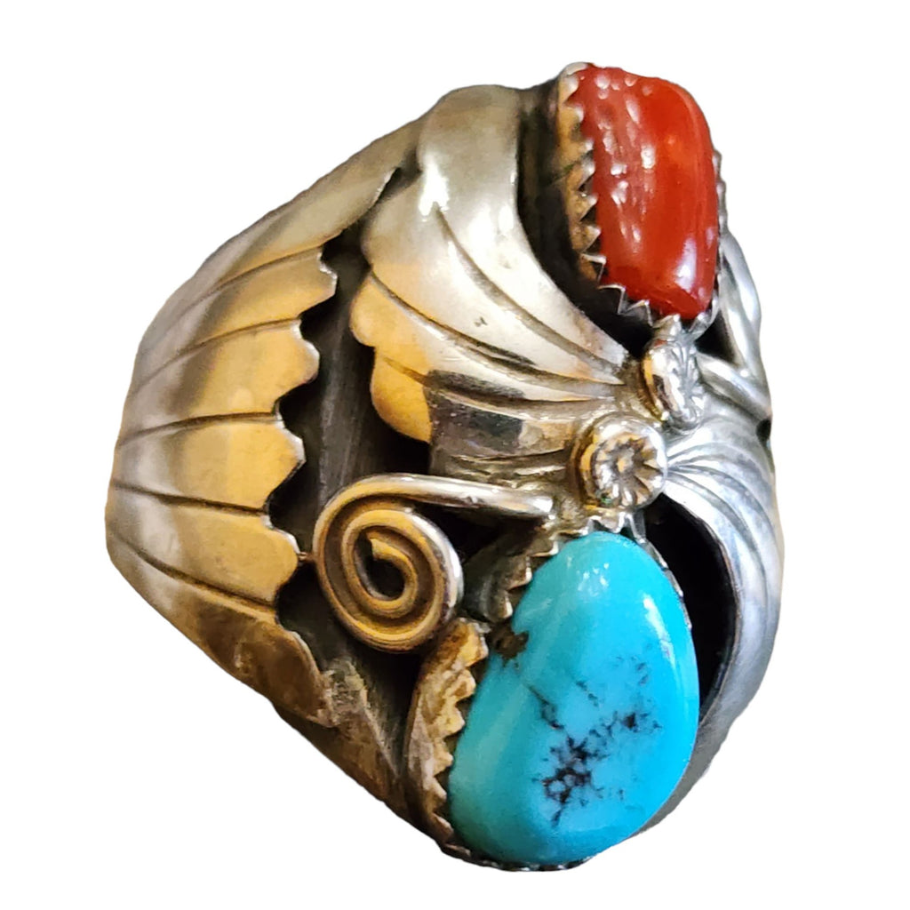 Vintage Signed RB (Richard Begay) Navajo Sterling Coral & Turq Ring Size 9 A2305