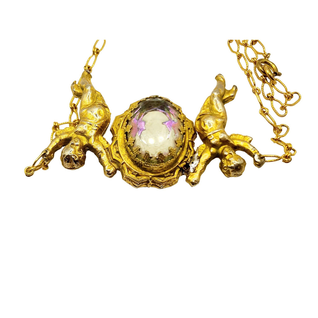 Vintage Unique Double Sided Glass Cameo & Cherub Statement Necklace (A560)
