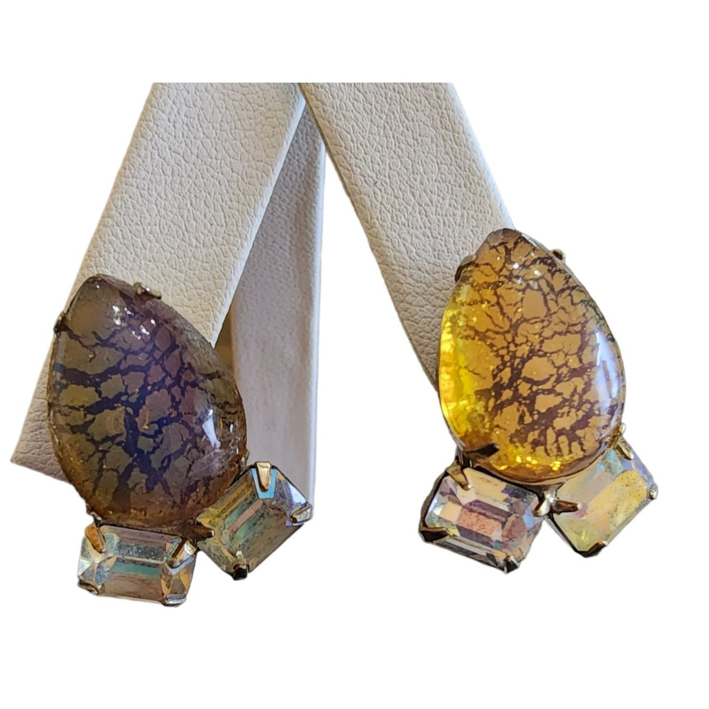 Vintage Marked Pat Pend Foil Glass Clip Earrings (A1839)