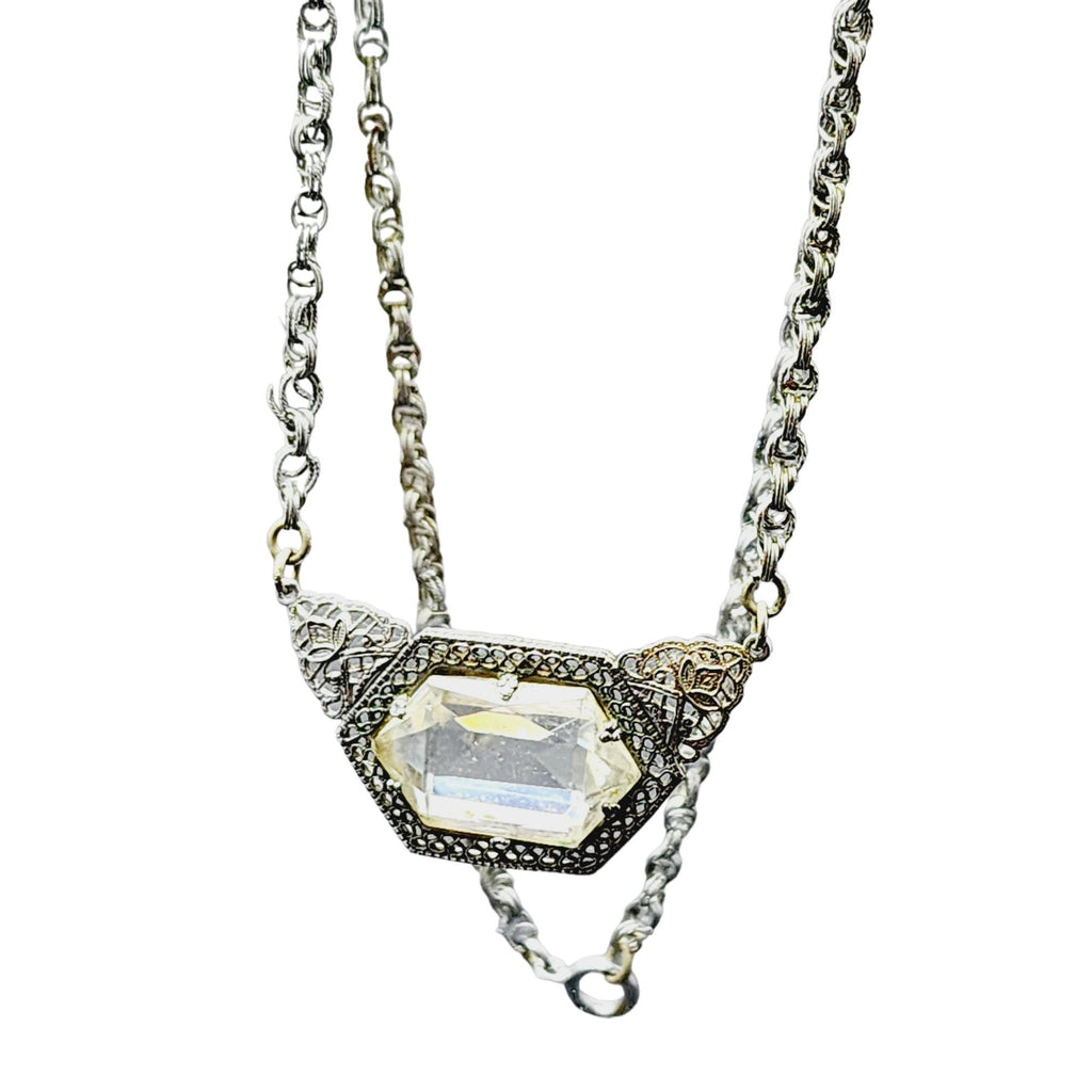 Beautiful Antique Art Deco Rhodium Plated Glass Necklace (A2273)