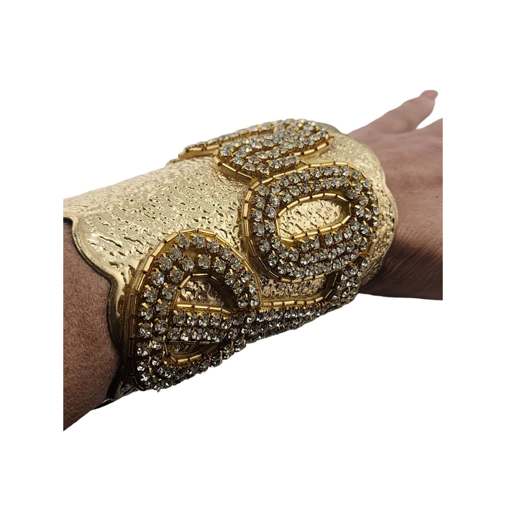 Vintage Signed Julie Rubano Huge Rhinestone Love Adjustable Cuff Bracelet A3759