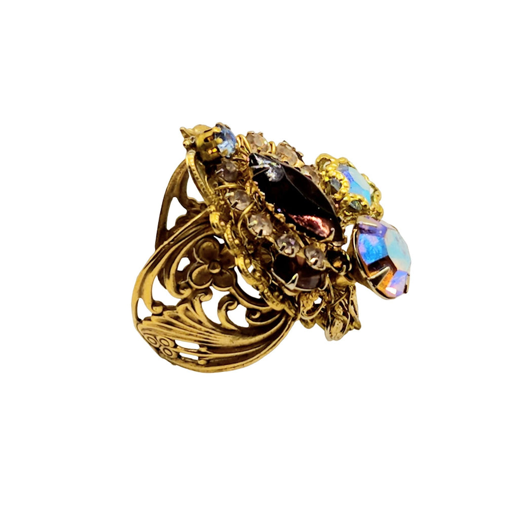Vintage Signed Holman Hand Wired Rhinestone Adjustable Ring (A553)