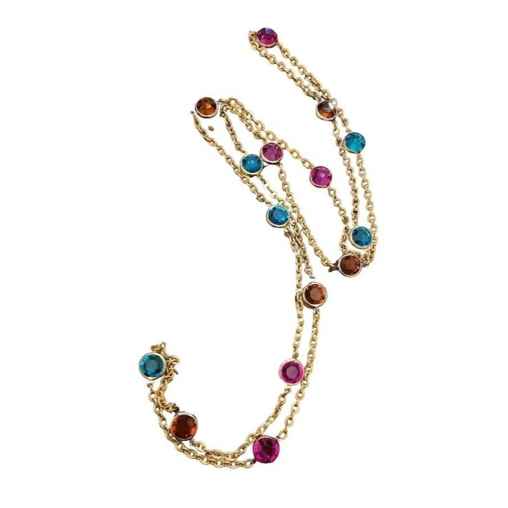 Vintage 80s Large Multicolor Crystal Sautoir Necklace (A1851)