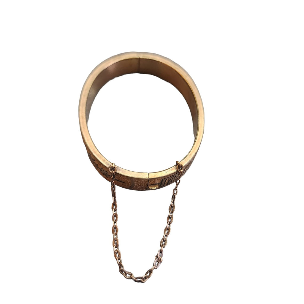 Antique Greek Key & Floral Childs Gold Filled Bangle Bracelet w/ Enamel (A3621)