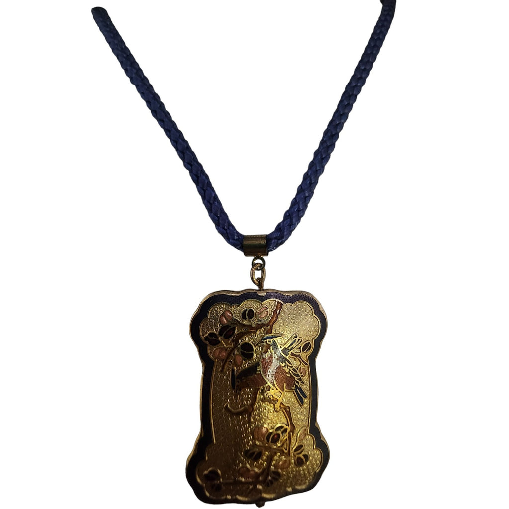 Vintage Chinese Export Enamel Bird Pendant on Rope Necklace (A4030)