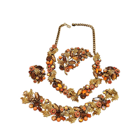 Vintage Gold Filled Heart Leaf Rhinestone Pendant Necklace (A4038)