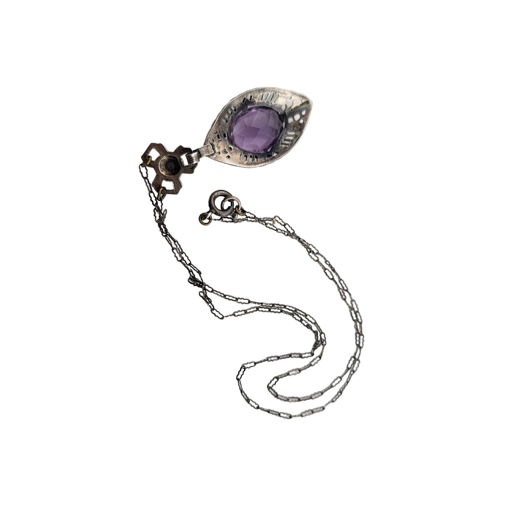 Vintage Beautiful Sterling Art Deco Glass & Marcasite Pendant Necklace (A3324)