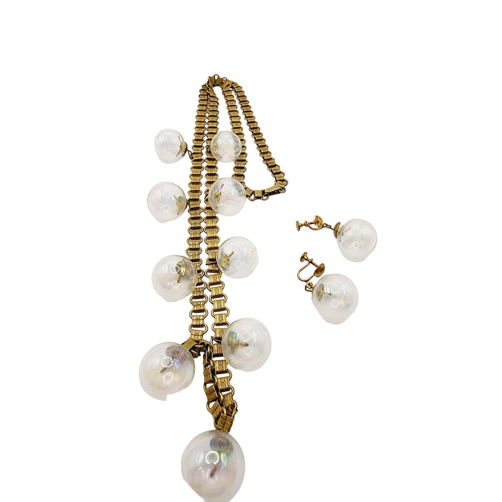 Vintage Bookchain & Glass Bubble Necklace Earrings Set - Miriam Haskell? (A489)