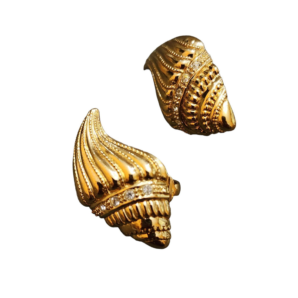 Vintage Signed KJL For Avon Shell Goldtone and Rhinestone Clip Earrings (A2319)