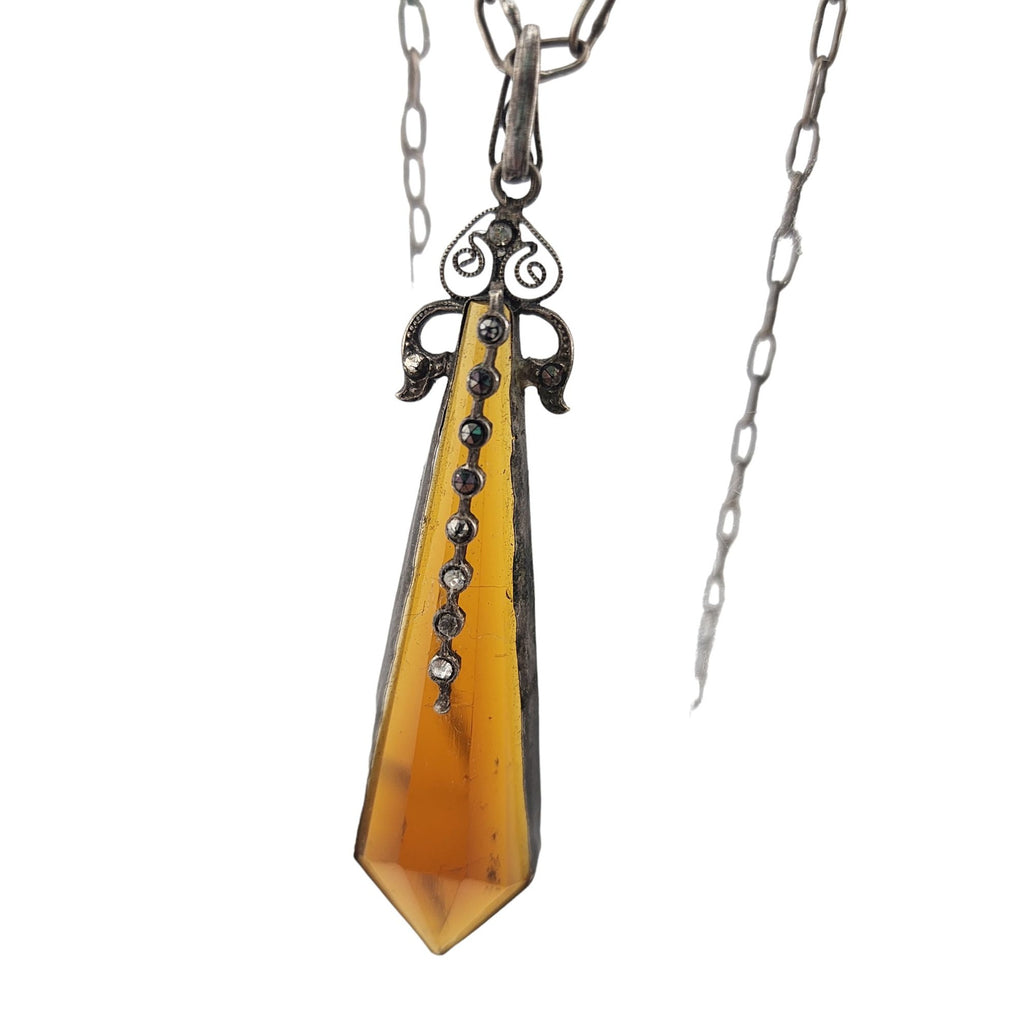 Antique Art Deco Prizm Glass & Marcasite Pendant Necklace (A4275)