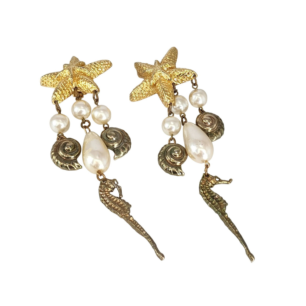Vintage Signed Bill Blass Starfish & Sea Horse Clip Earrings (A599)