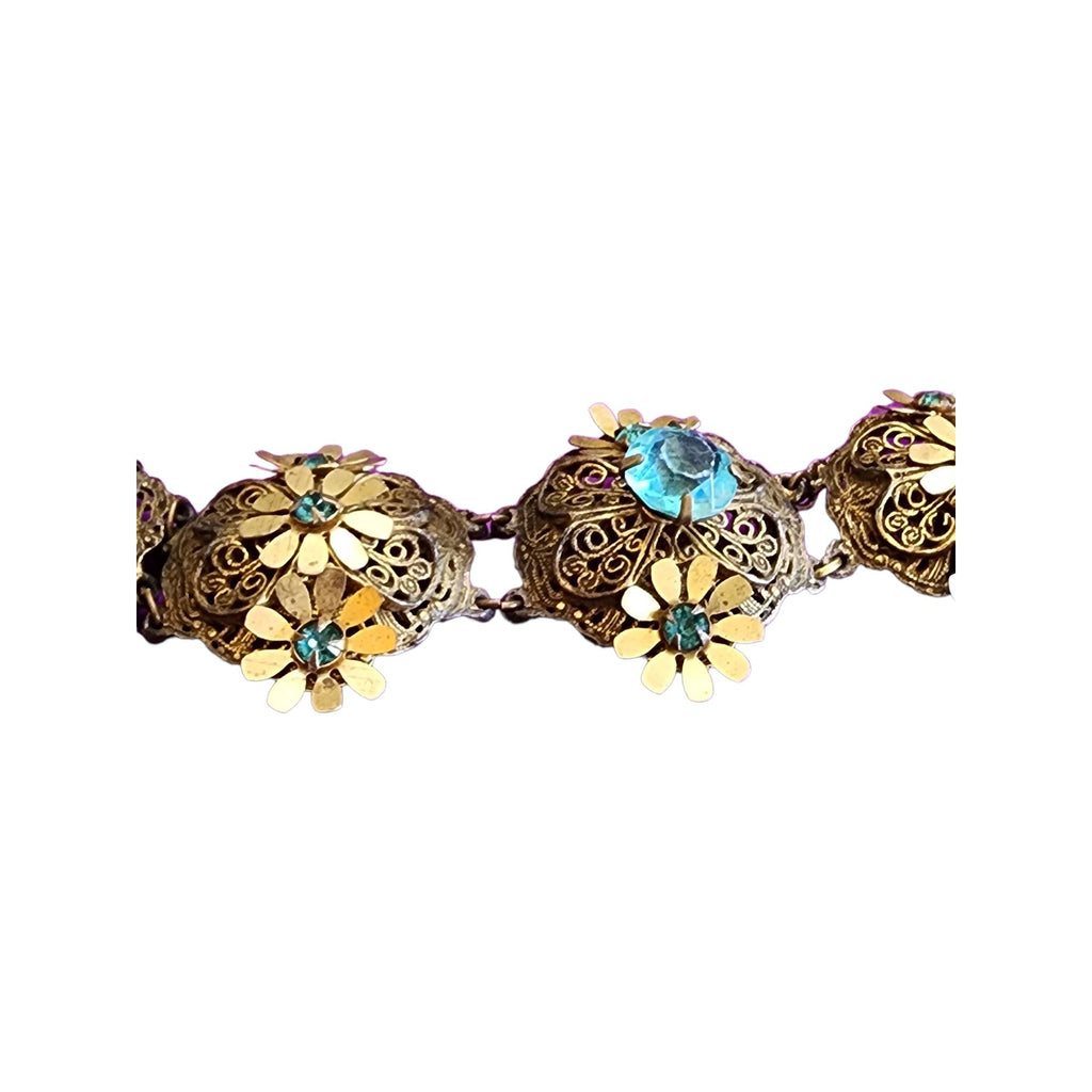 Vintage Spectacular Czech Style Elaborate Brass Acrylic & Glass Bracelet (A1918)