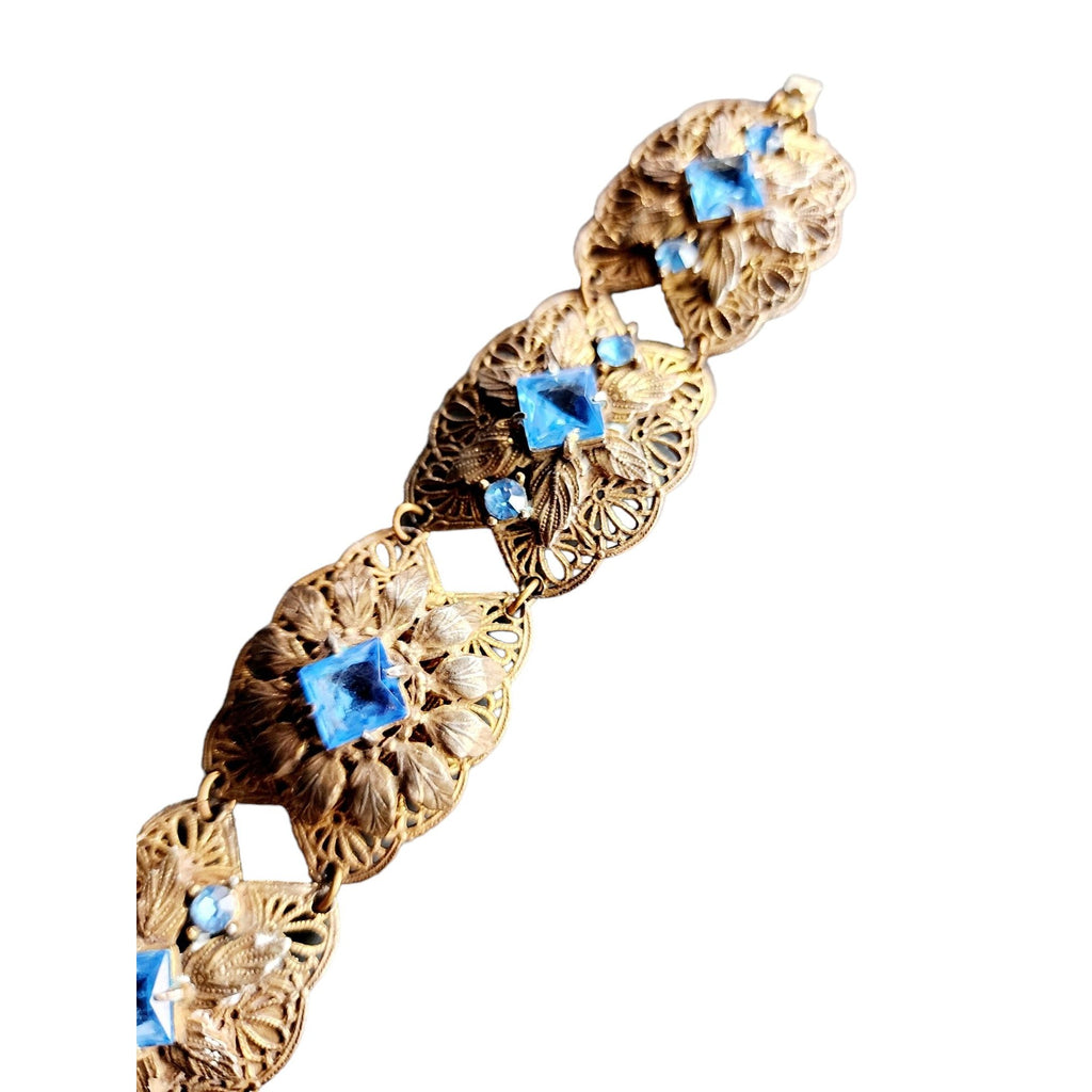 Vintage Czech Faceted Glass & Brass Filigree Bracelet (A4270)