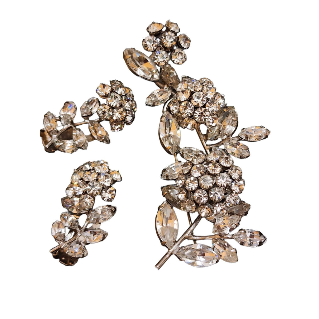 Vintage Unsigned Verified Schreiner Trembling Rhinestone Flower Brooch & Ear Set