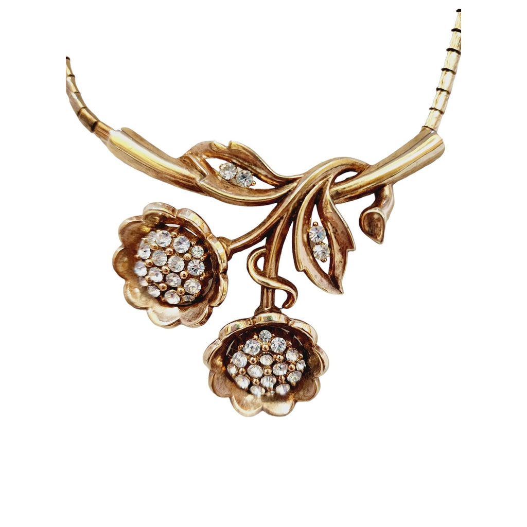 Vintage Signed Trifari Rhinestone Flower Necklace (A4345)